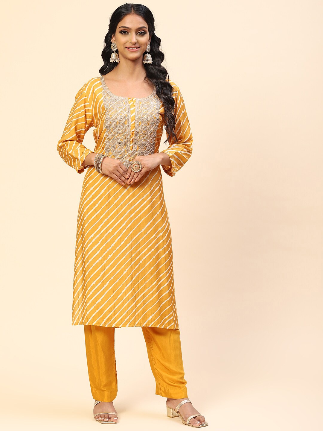 

Meena Bazaar Women Mustard Yellow Embroidered Sequinned Dupion Silk Kurta with Trousers