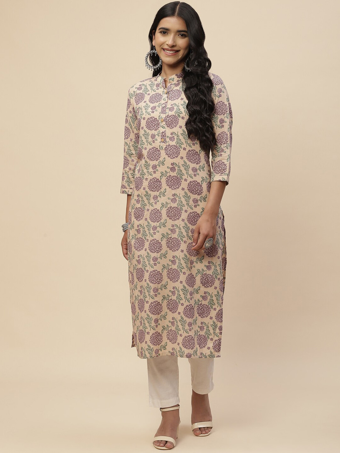 

Meena Bazaar Women Beige Floral Printed Pure Cotton Kurta