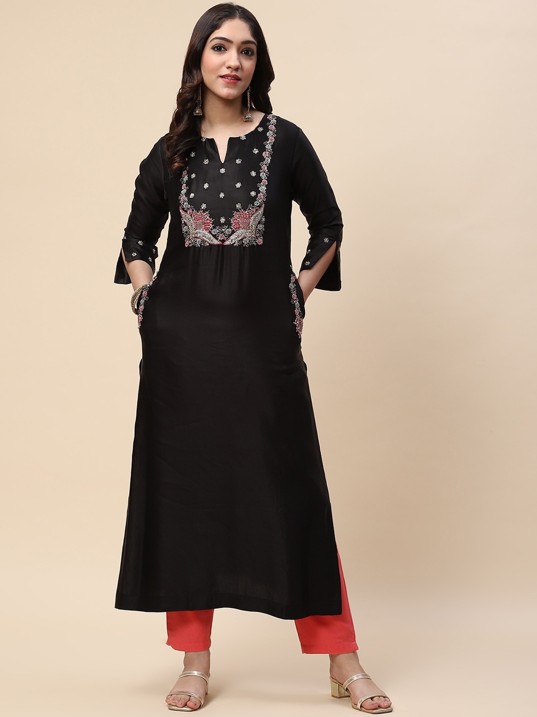 

Meena Bazaar Women Black Floral Embroidered Flared Sleeves Thread Work Satin Kurta