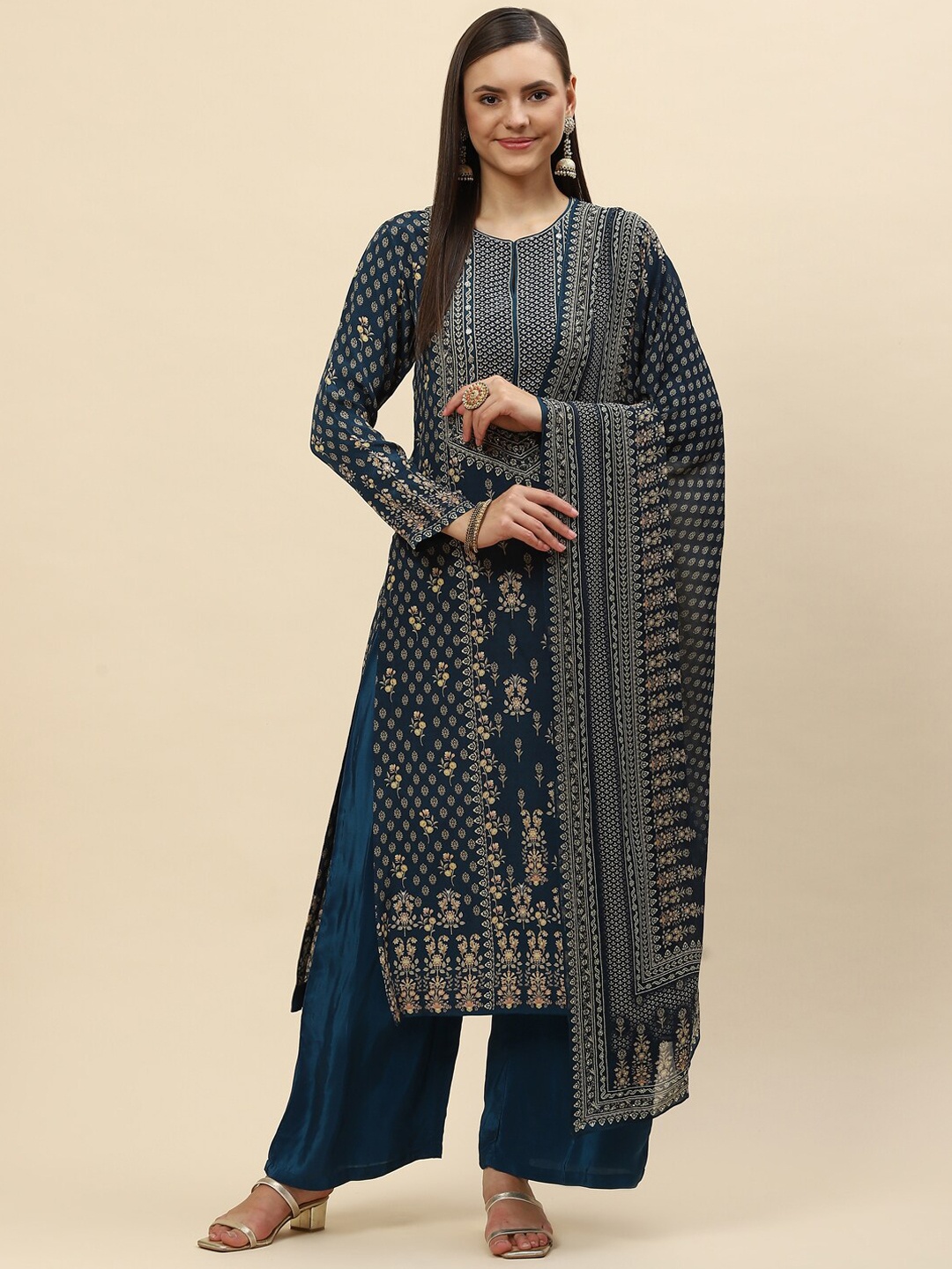 

Meena Bazaar Women Navy Blue Blue Floral Printed Kurta with Palazzo & Dupatta