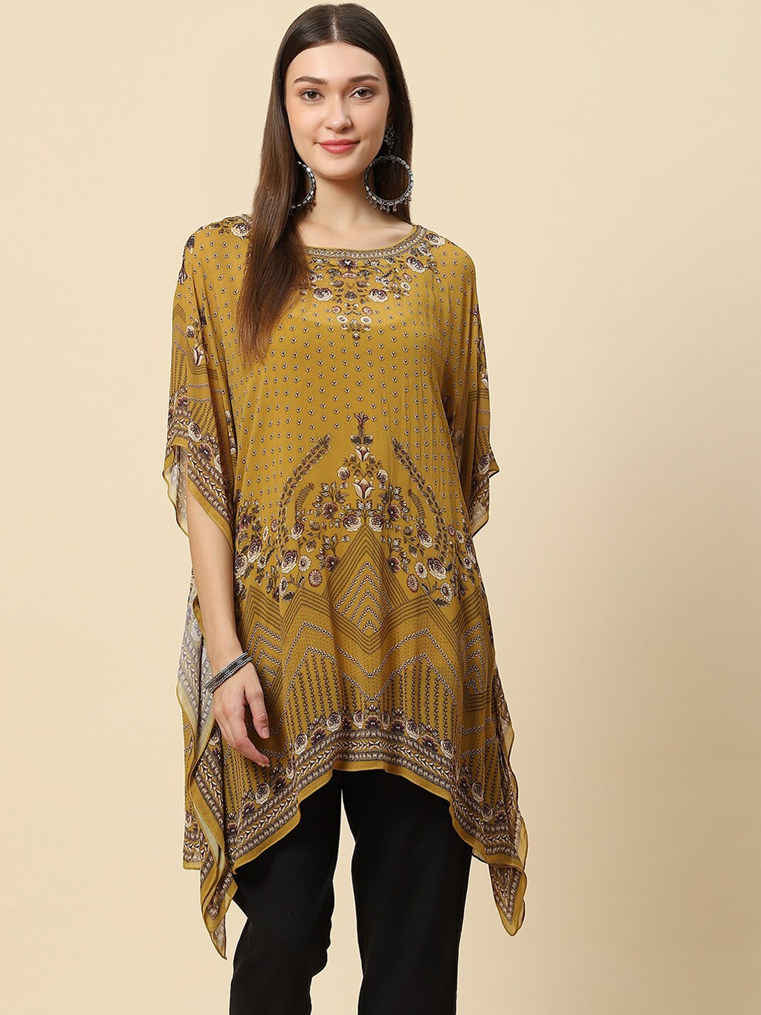

Meena Bazaar Women Mustard Yellow Printed Flared Sleeves Georgette Kaftan Kurta