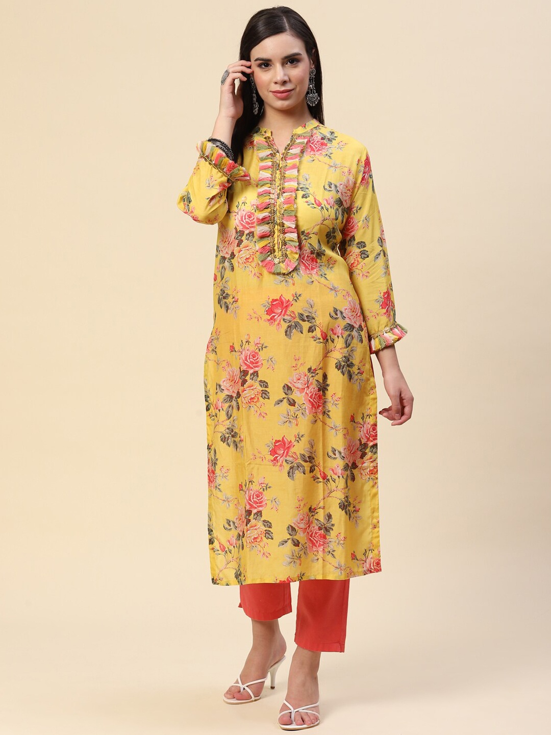 

Meena Bazaar Women Yellow & Orange Floral Printed Keyhole Neck Thread Work Kurta