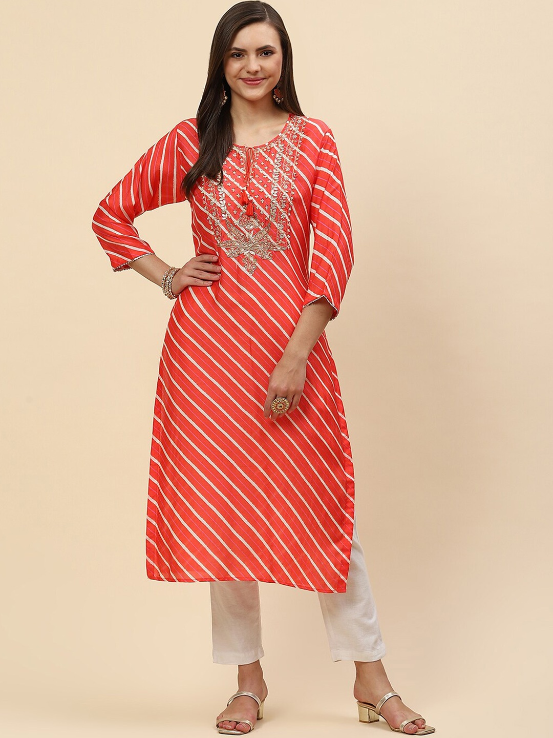 

Meena Bazaar Women Red Striped Thread Work Dupion Silk Kurta