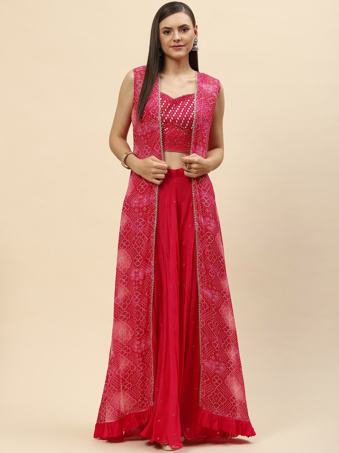

Meena Bazaar Women Pink Ethnic Motifs Embroidered Layered Top with Skirt & Jacket