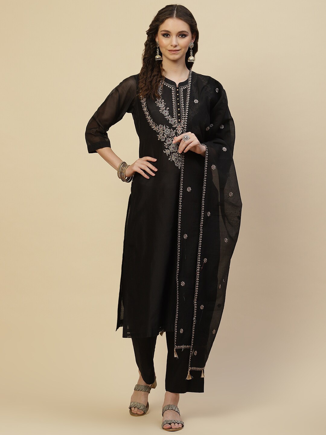 

Meena Bazaar Women Black Floral Embroidered Thread Work Chanderi Silk Kurta with Trousers & With Dupatta