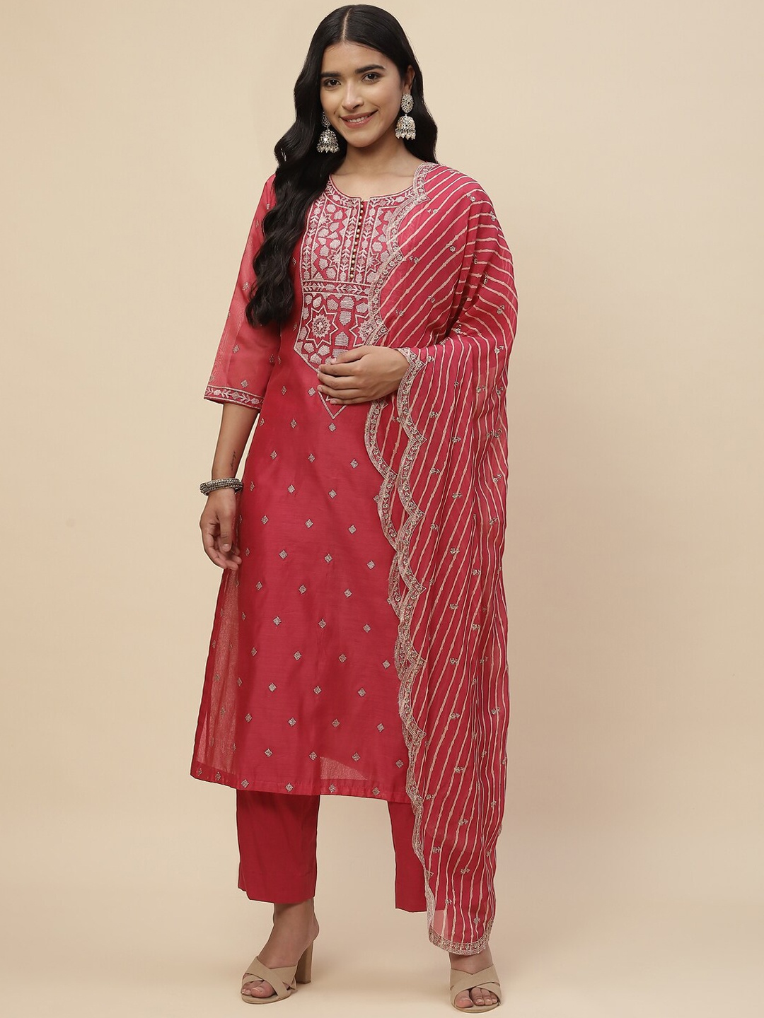 

Meena Bazaar Women Red Embroidered Chanderi Silk Kurta with Trousers & With Dupatta