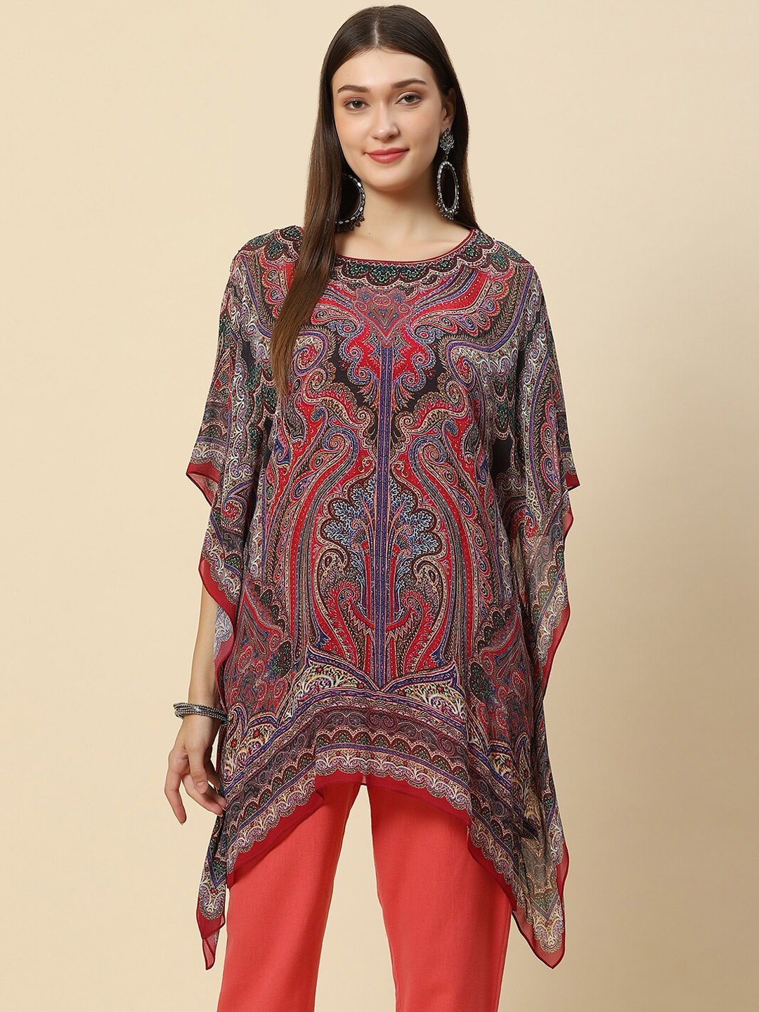 

Meena Bazaar Ethnic Motifs Printed Flared Sleeves Georgette Kaftan Kurta, Black