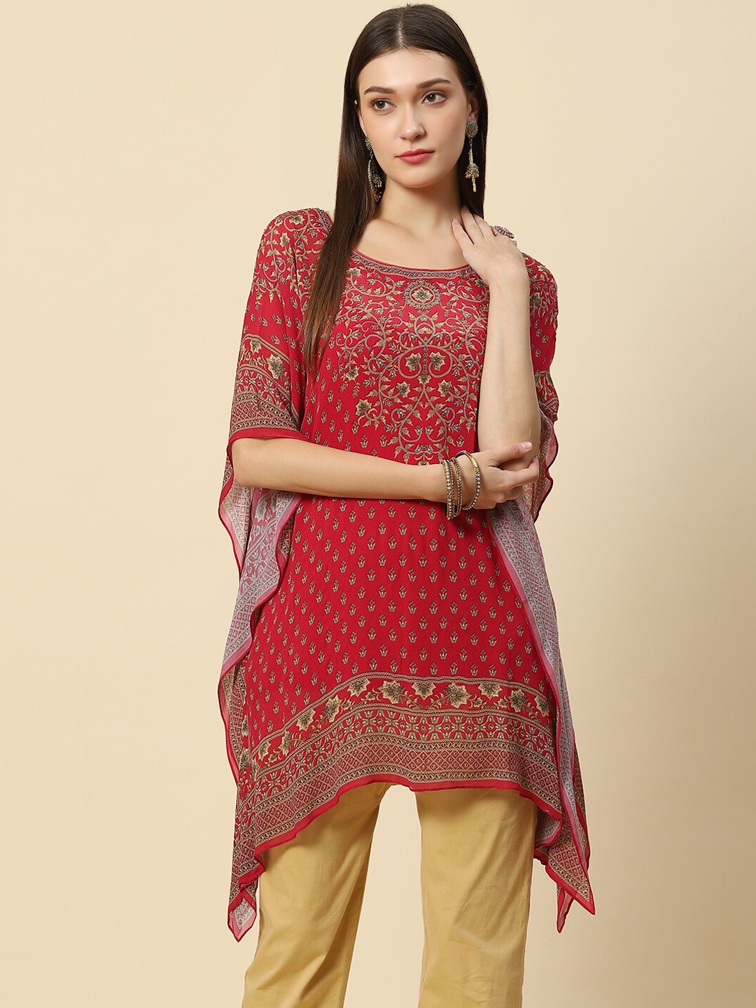 

Meena Bazaar Red Ethnic Motifs Printed Flared Sleeves Pure Georgette Kaftan Kurti