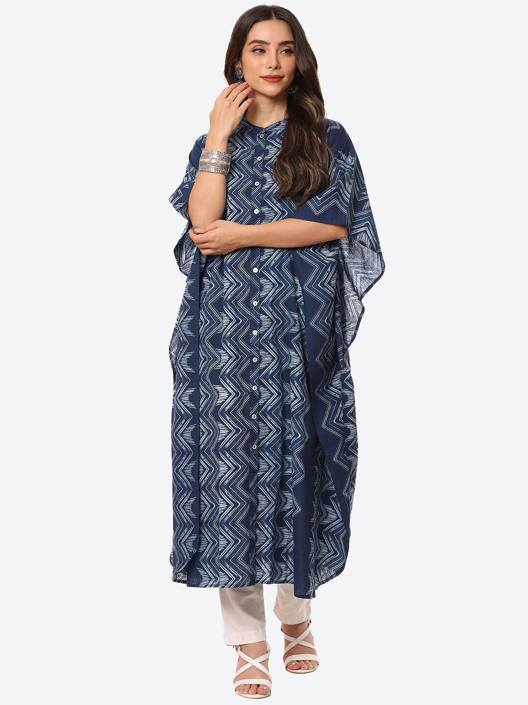 

Meena Bazaar Women Blue Printed Flared Sleeves Kaftan Pure Cotton Kurta
