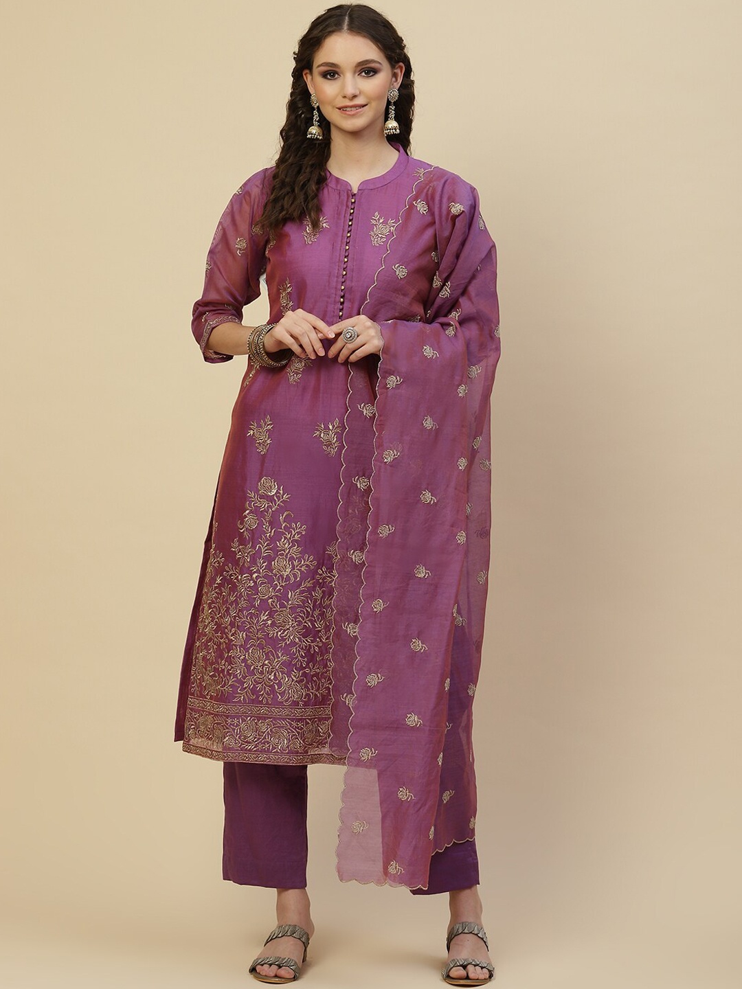 

Meena Bazaar Women Purple Embroidered Chanderi Silk Kurta with Trouser & Dupatta