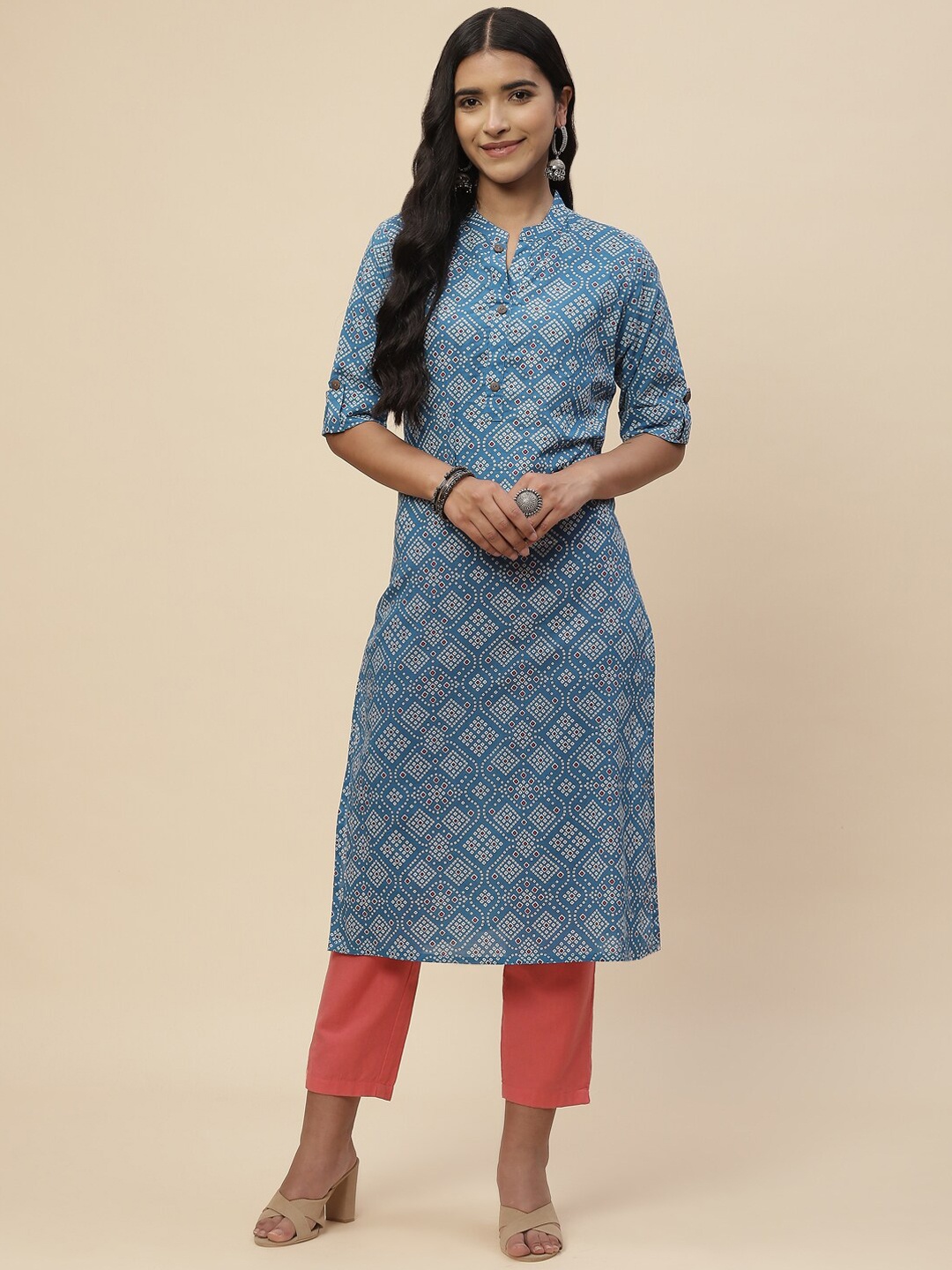 

Meena Bazaar Women Blue Pure Cotton Bandhani Printed Kurta