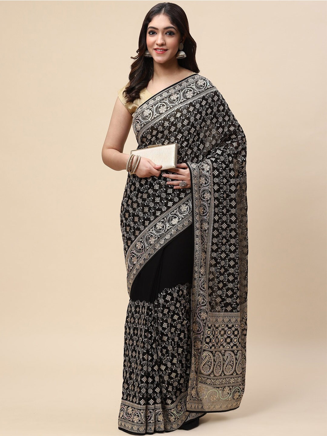 

Meena Bazaar Black & Silver-Toned Ethnic Motifs Embroidered Pure Georgette Saree