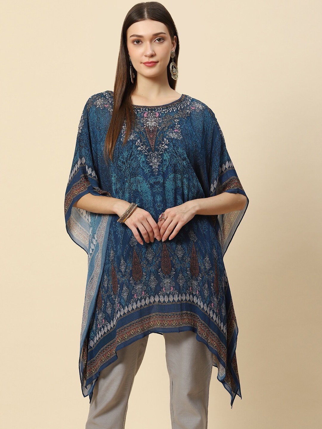 

Meena Bazaar Blue Ethnic Motifs Printed Flared Sleeves Kaftan Kurti