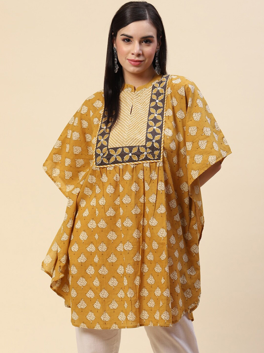 

Meena Bazaar Women Mustard Yellow & Beige Ethnic Motifs Printed Flared Sleeves Kaftan Kurta