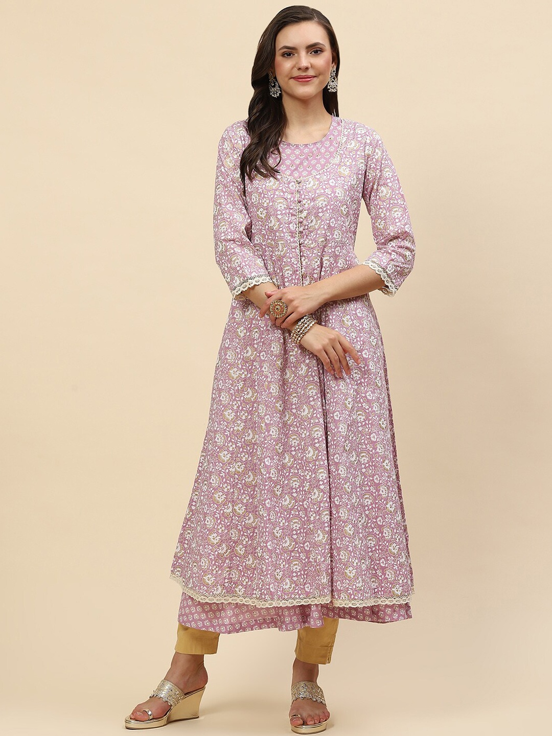 

Meena Bazaar Women Mauve Floral Printed Pure Cotton Kurta