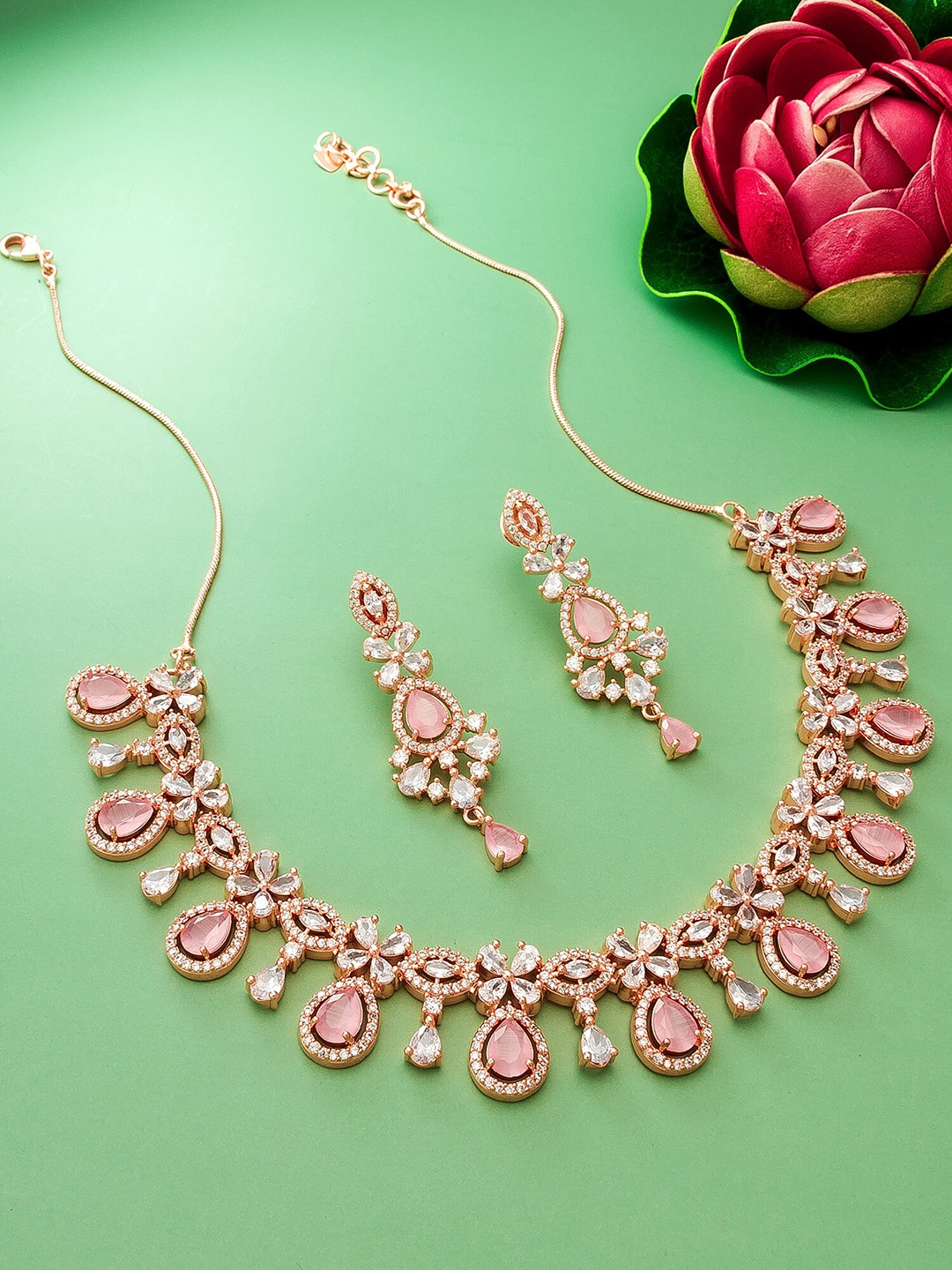 

aadita Women Rose Gold-Plated White & Pink AD-Studded Jewellery Set