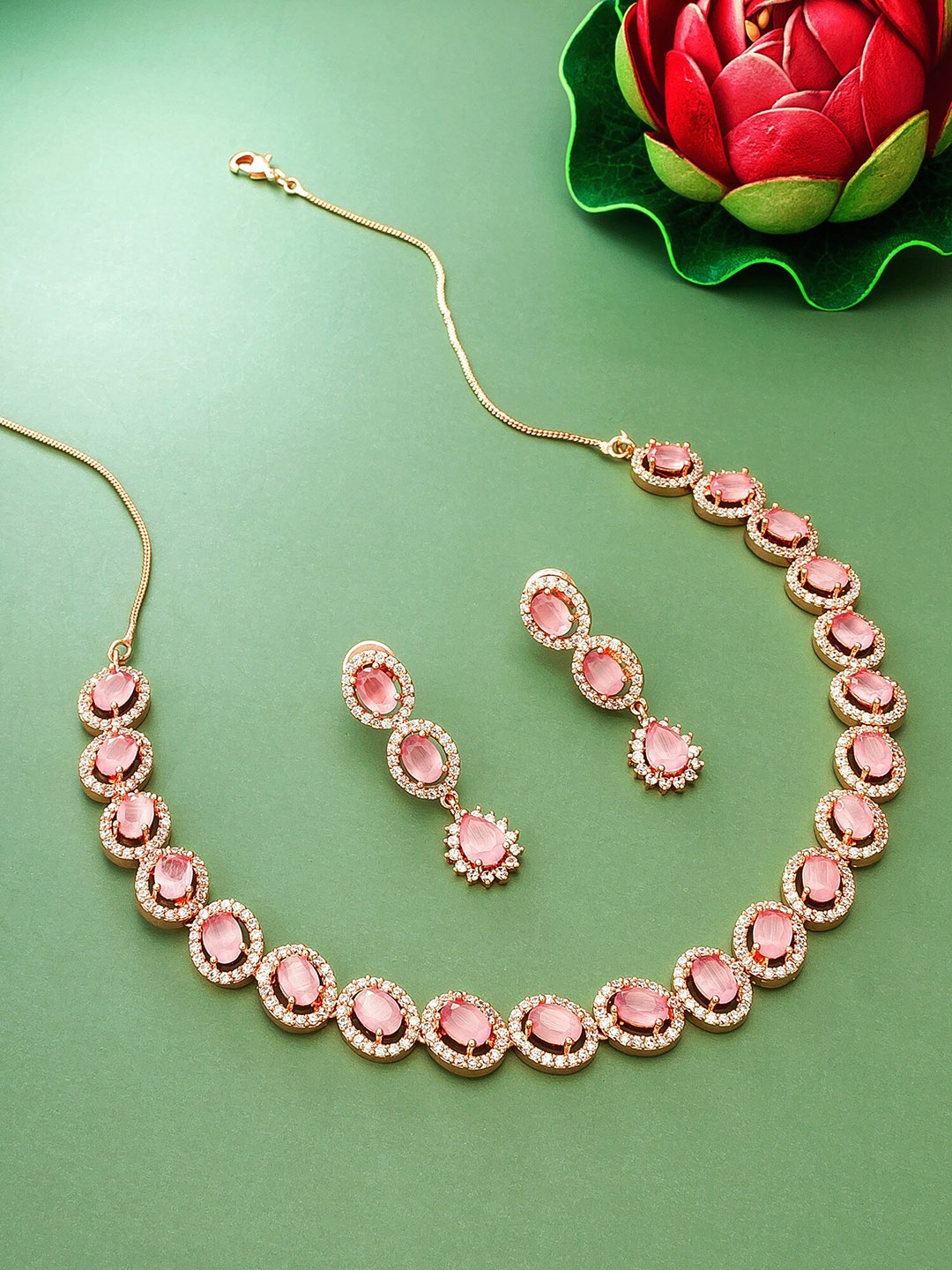 

aadita Women Gold-Plated Rose Artificial Stone Studded Jewellery Set