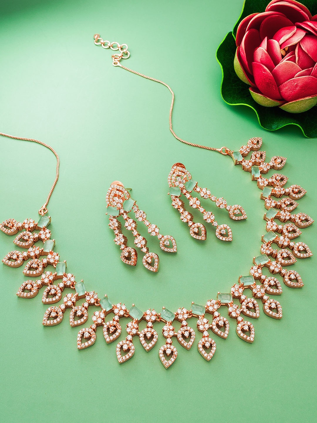 

aadita Rose Gold-Plated White & Green AD Studded Jewellery Set