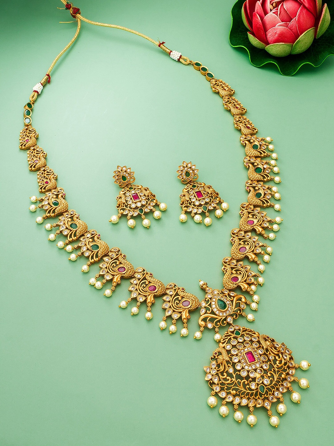 

aadita Gold-Plated Pink & Green Stone-Studded & Beaded Jewellery Set