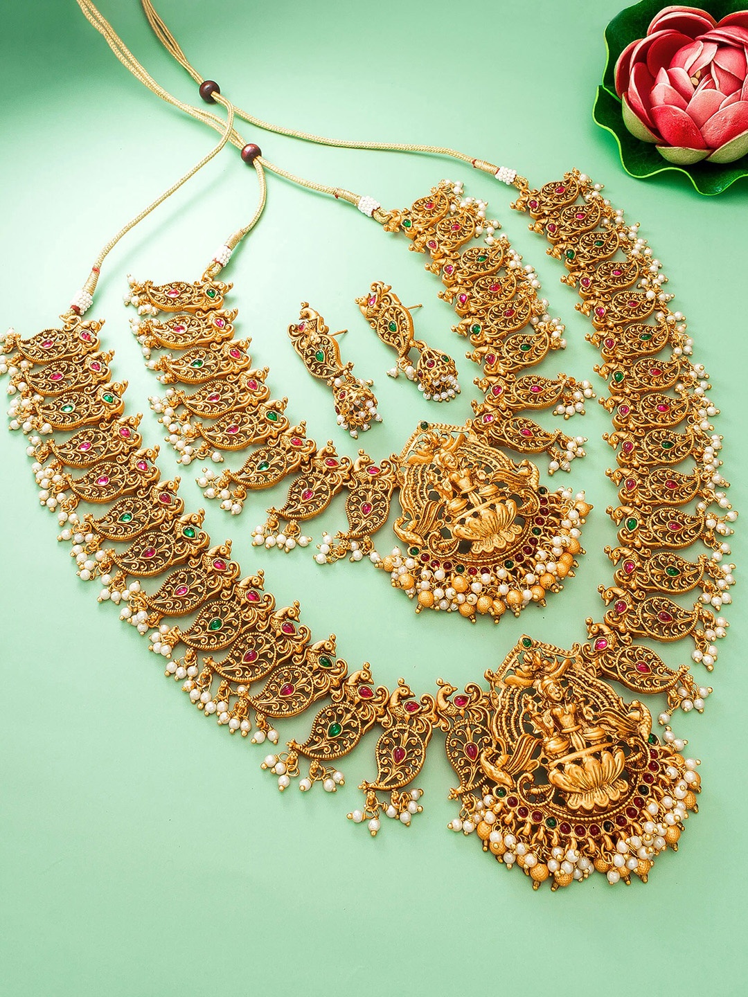

aadita Gold-Plated Green & Pink Stone Studded & Beaded Jewellery Set