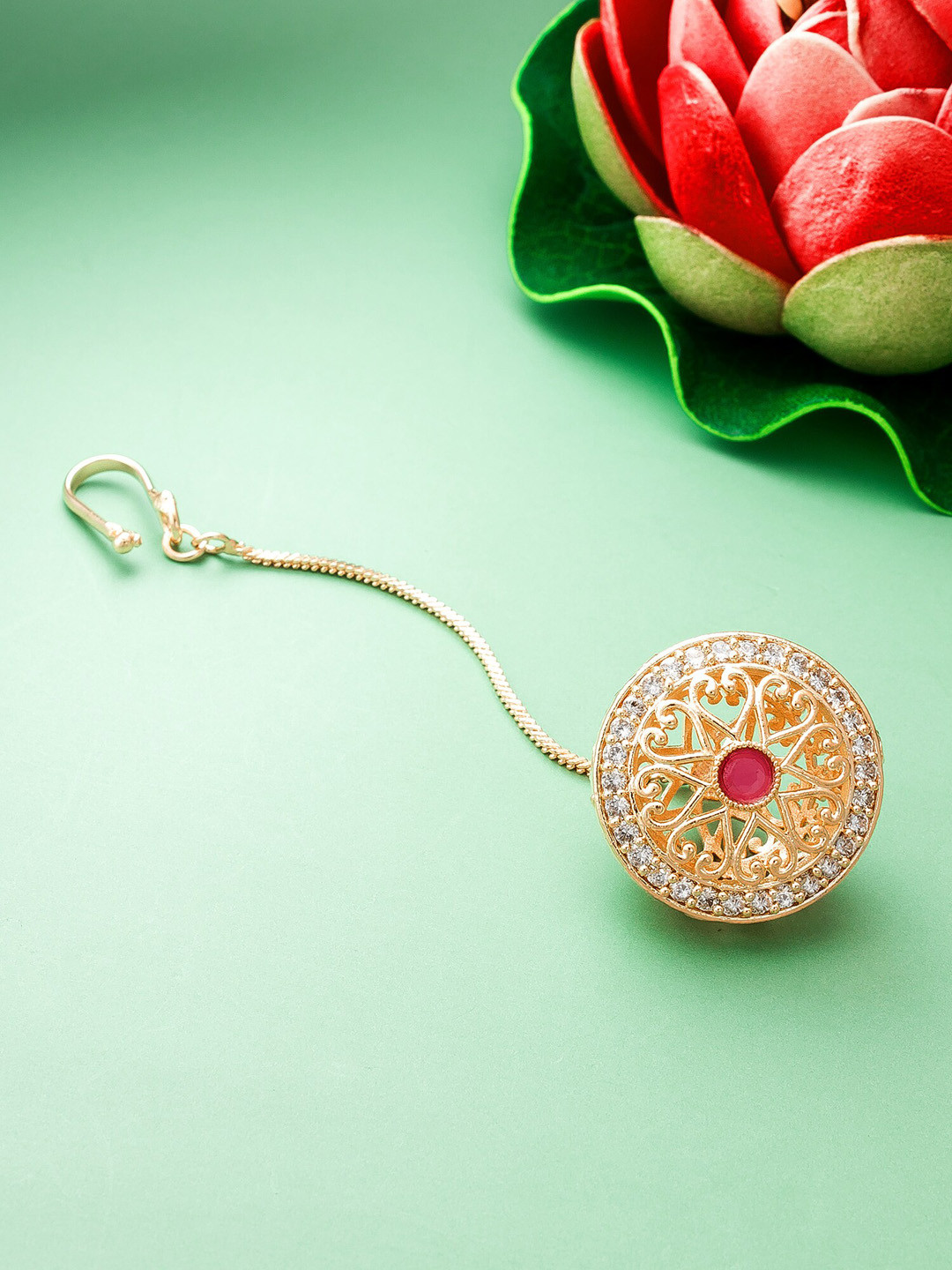 

aadita Rose Gold-Plated White & Pink Stone Studded Maang Tikka