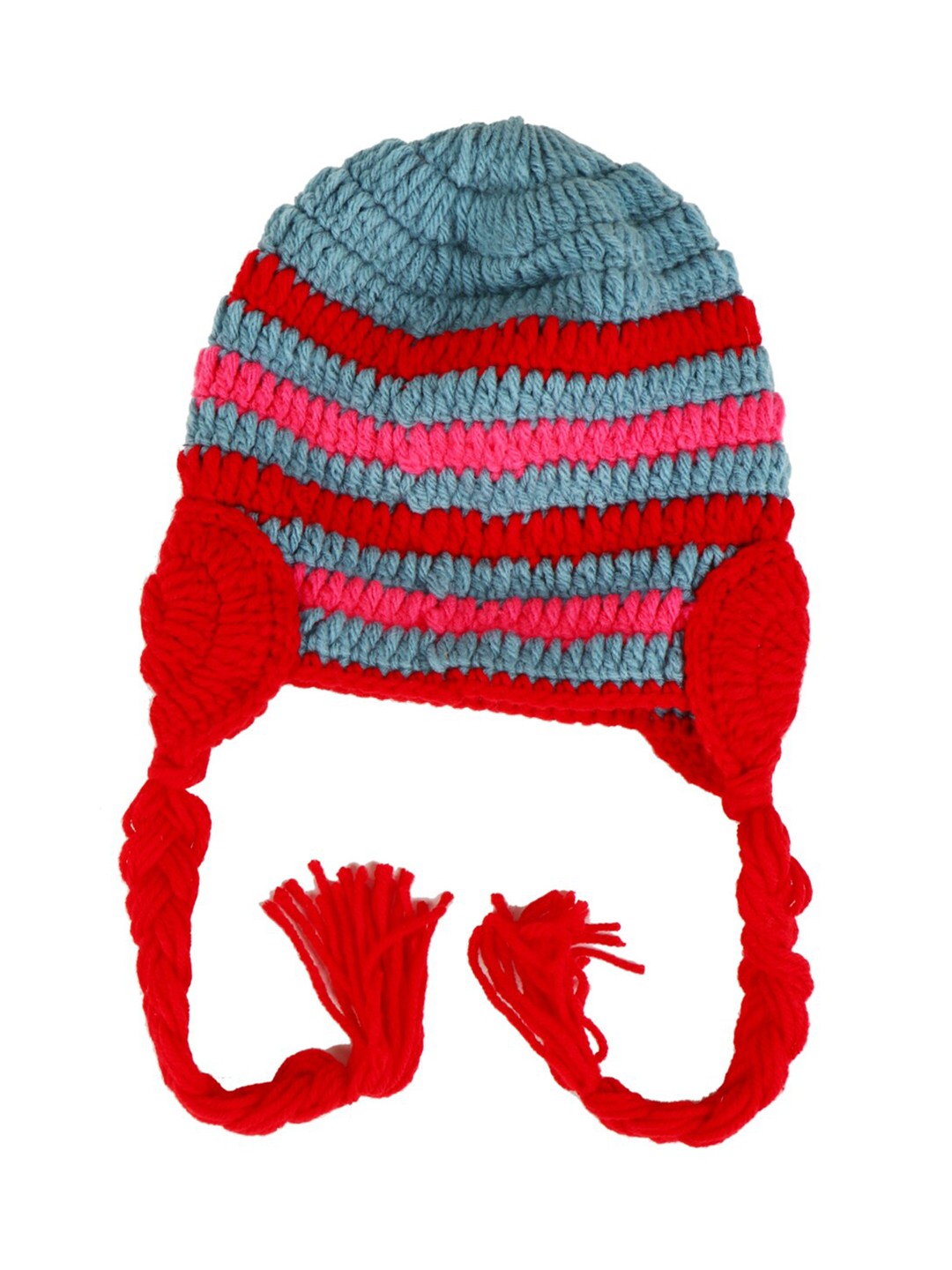 

Bharatasya Kids Blue & Red Acrylic Beanie With braids