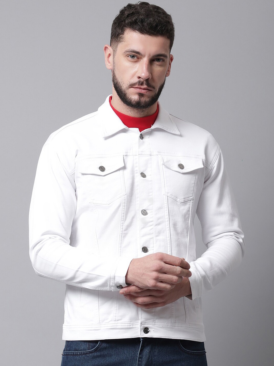 

Rodamo Men White Crop Denim Cotton Jacket with Patchwork