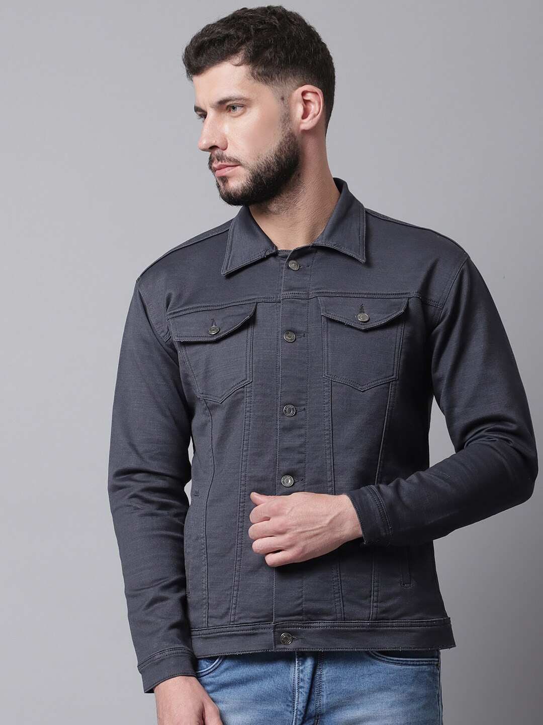 

Rodamo Men Grey Denim Cotton Jacket with Patchwork
