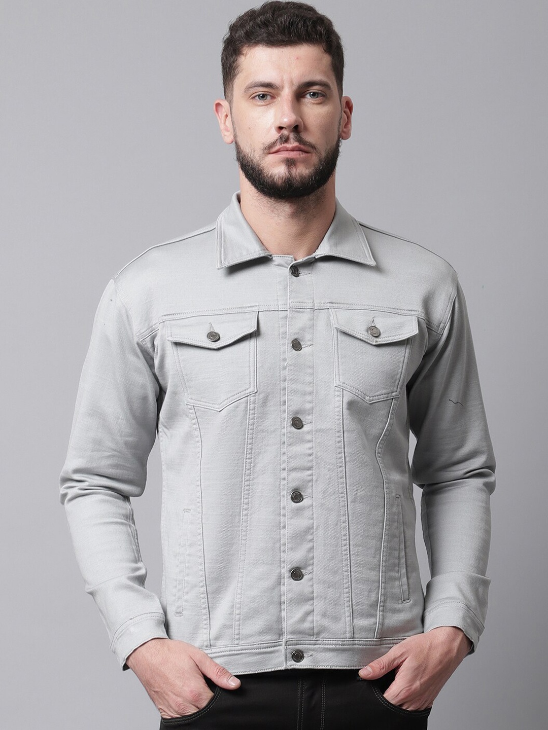 

Rodamo Men Grey Denim Cotton Jacket with Patchwork