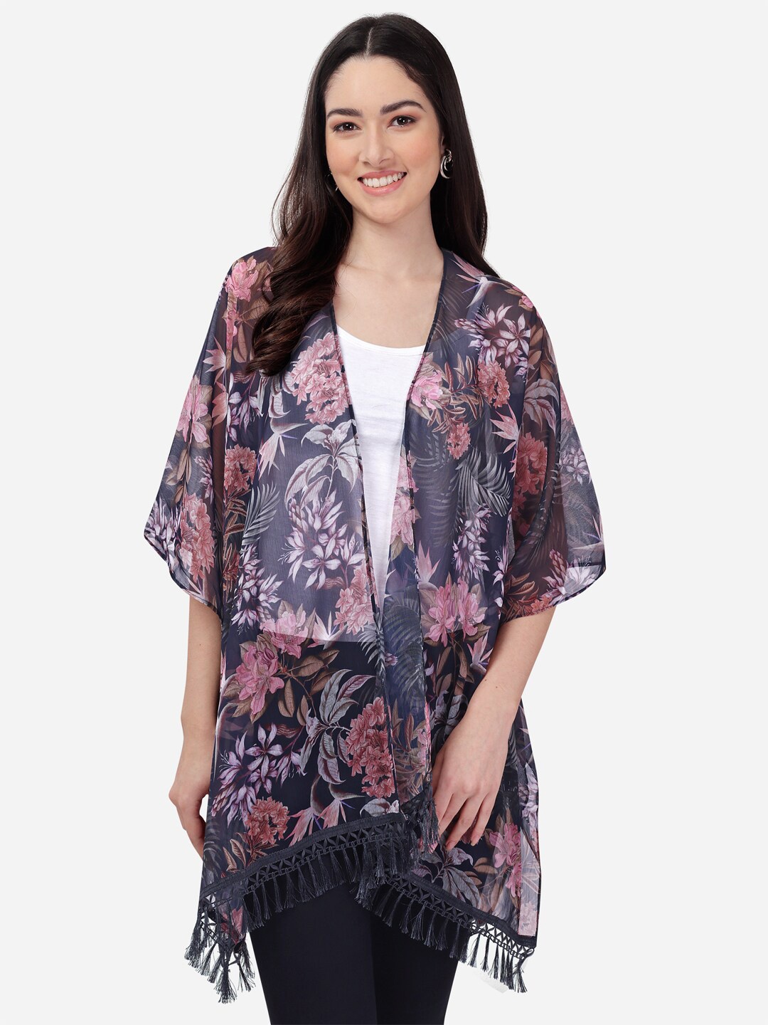 

Fbella Women Black & Pink Printed Tasselled Shrug