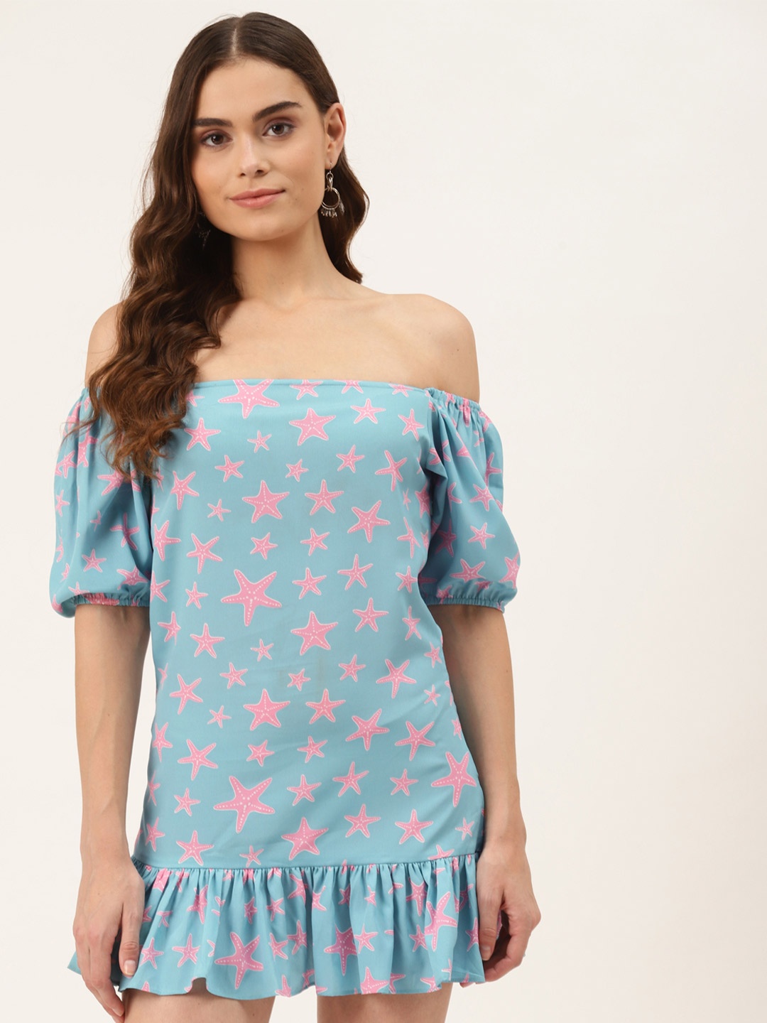

KHUMAAR Shuchi Bhutani Blue Crepe Drop-Waist Puff Sleeves Mini Dress