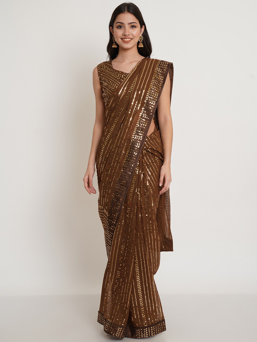 

Purple State Brown & Gold-Toned Embellished Sequinned Saree