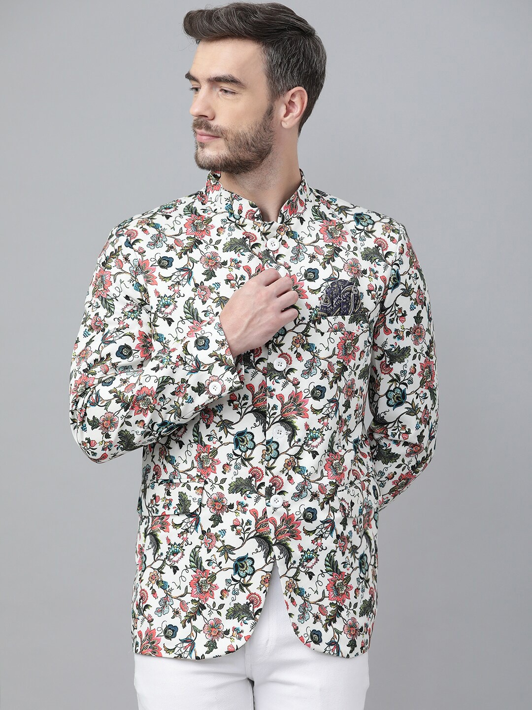 

Hangup Men White & Green Printed Bandhgala Blazers