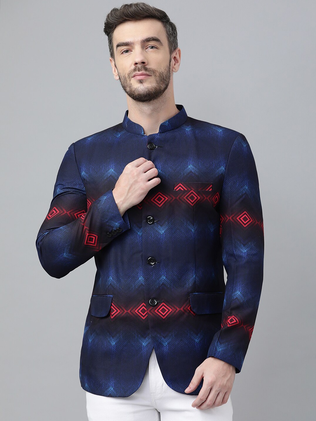 

Hangup Men Navy Blue Printed Single-Breasted Bandhgala Blazers