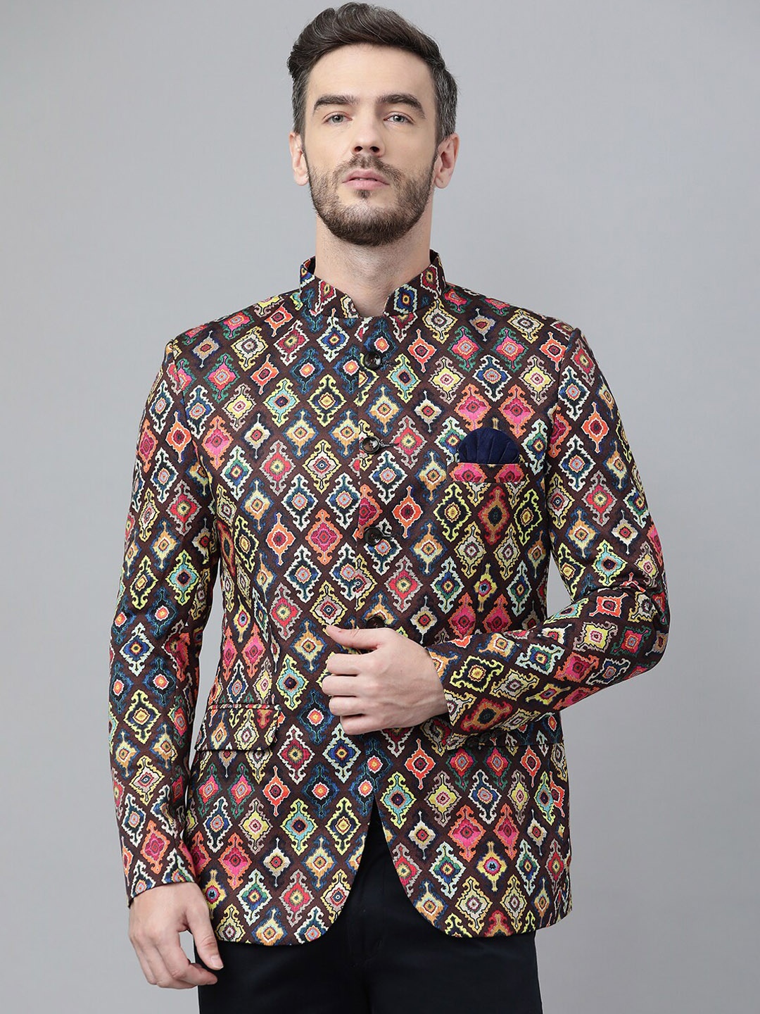 

Hangup Men Multicolor Printed Single Breasted Blazer, Brown