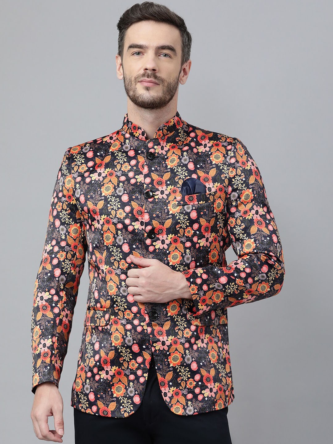 

Hangup Men Navy Blue Printed Single Breasted Casual Blazer