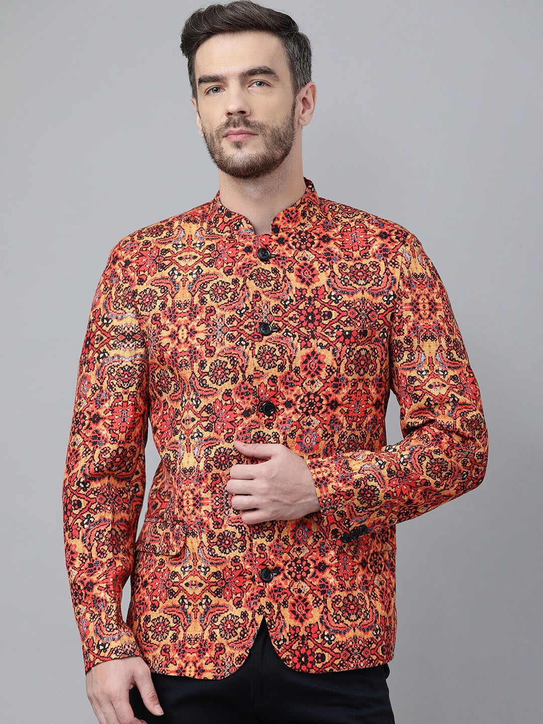 

Hangup Men Red & Yellow Printed Bandhgala Blazers