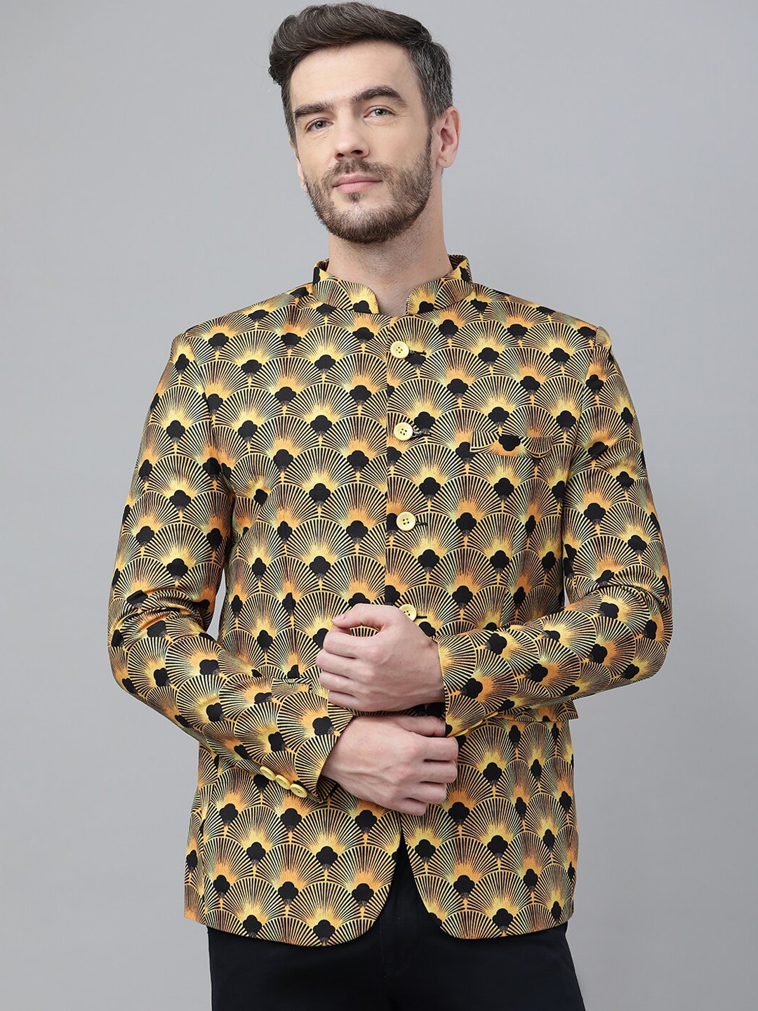 Hangup Men Yellow Printed Single-Breasted Blazers