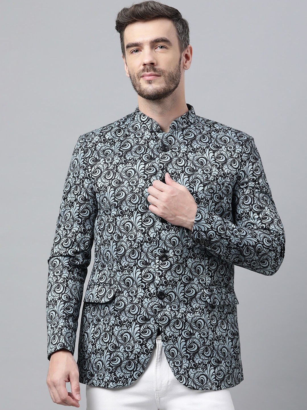 

Hangup Men Blue & Black Printed Single-Breasted Ethnic Blazers