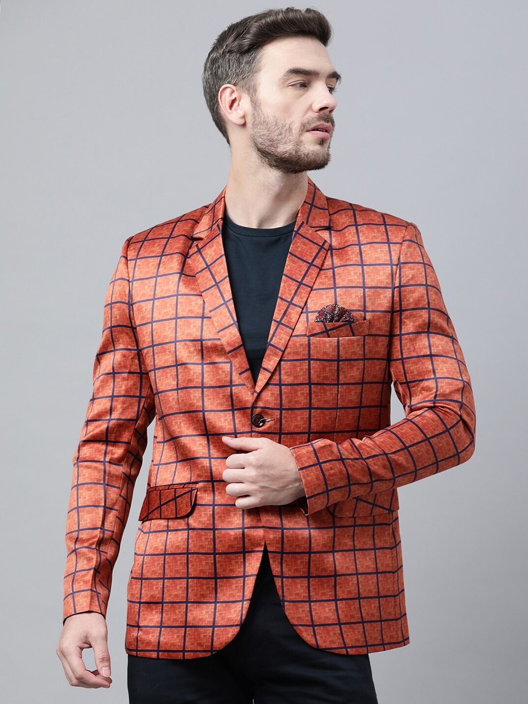

Hangup Men Orange Coloured Checked Single-Breasted Blazers