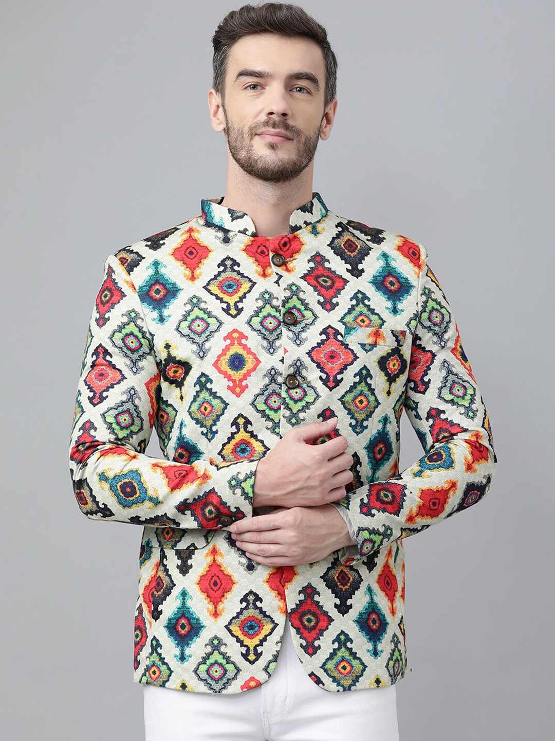 

Hangup Men White & Red Printed Single-Breasted Bandhgala Blazers