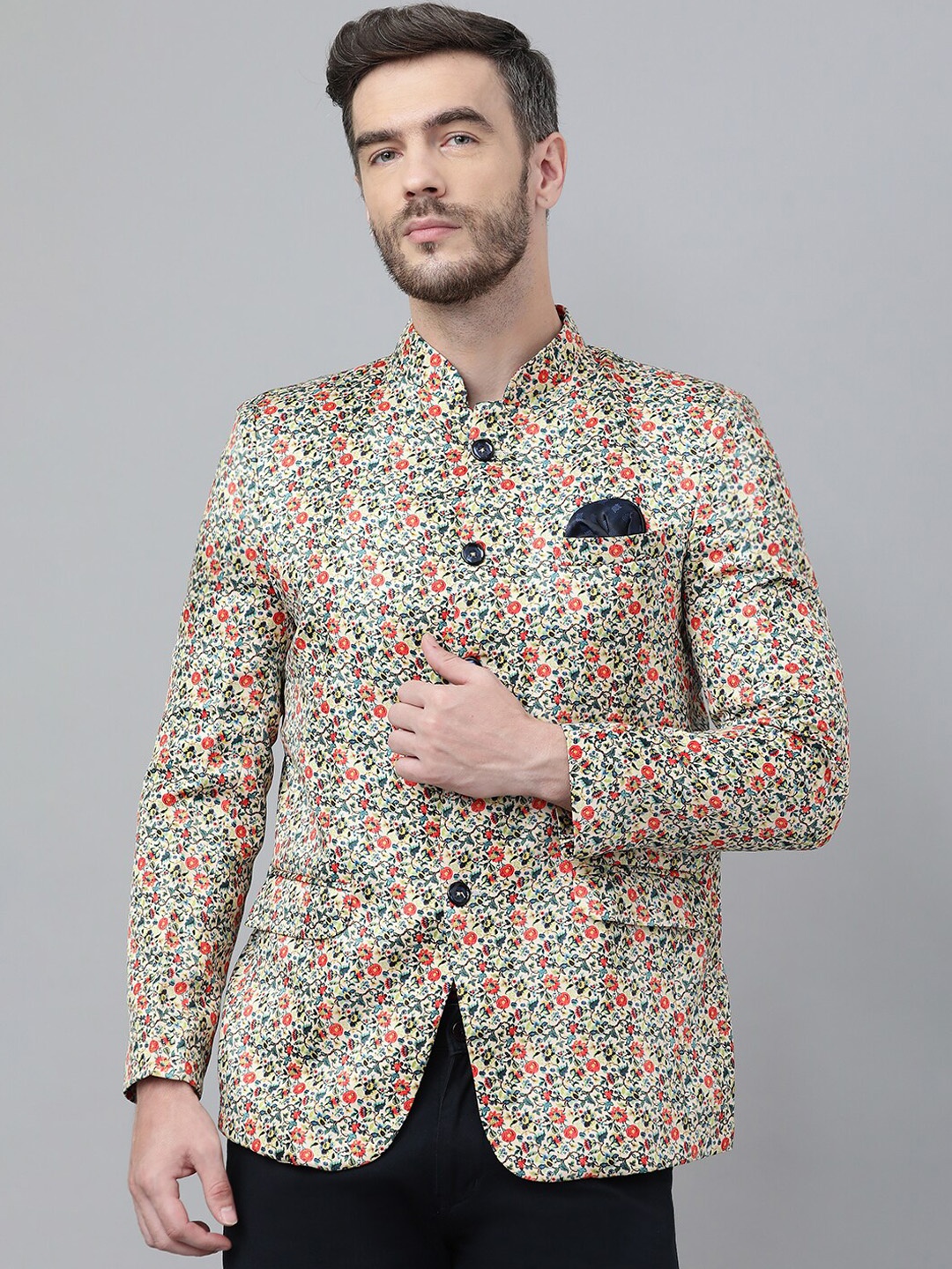

Hangup Men Blue & Red Printed Bandhgala Blazers