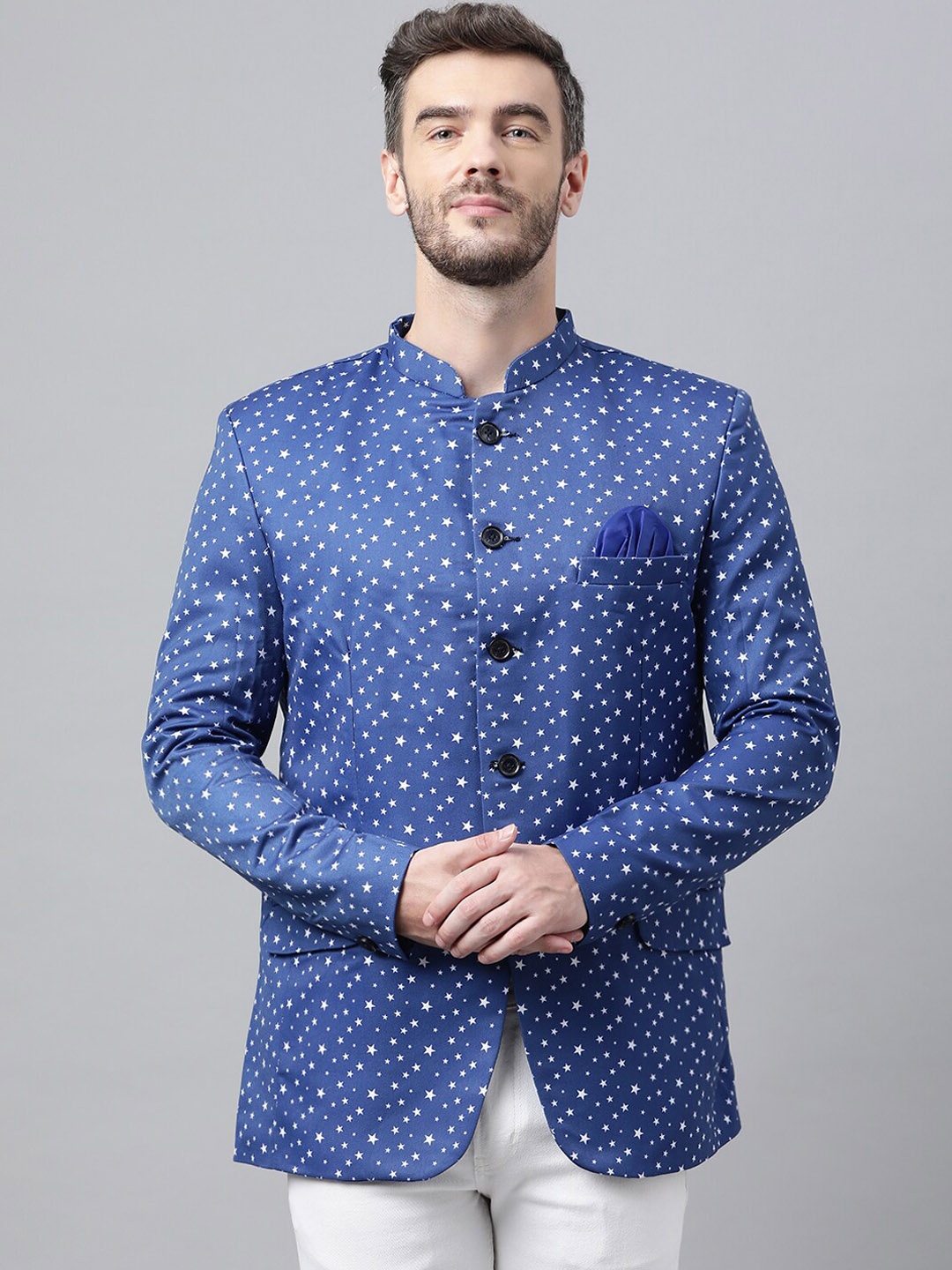 

Hangup Men Blue Printed Single-Breasted Bandhgala Blazers