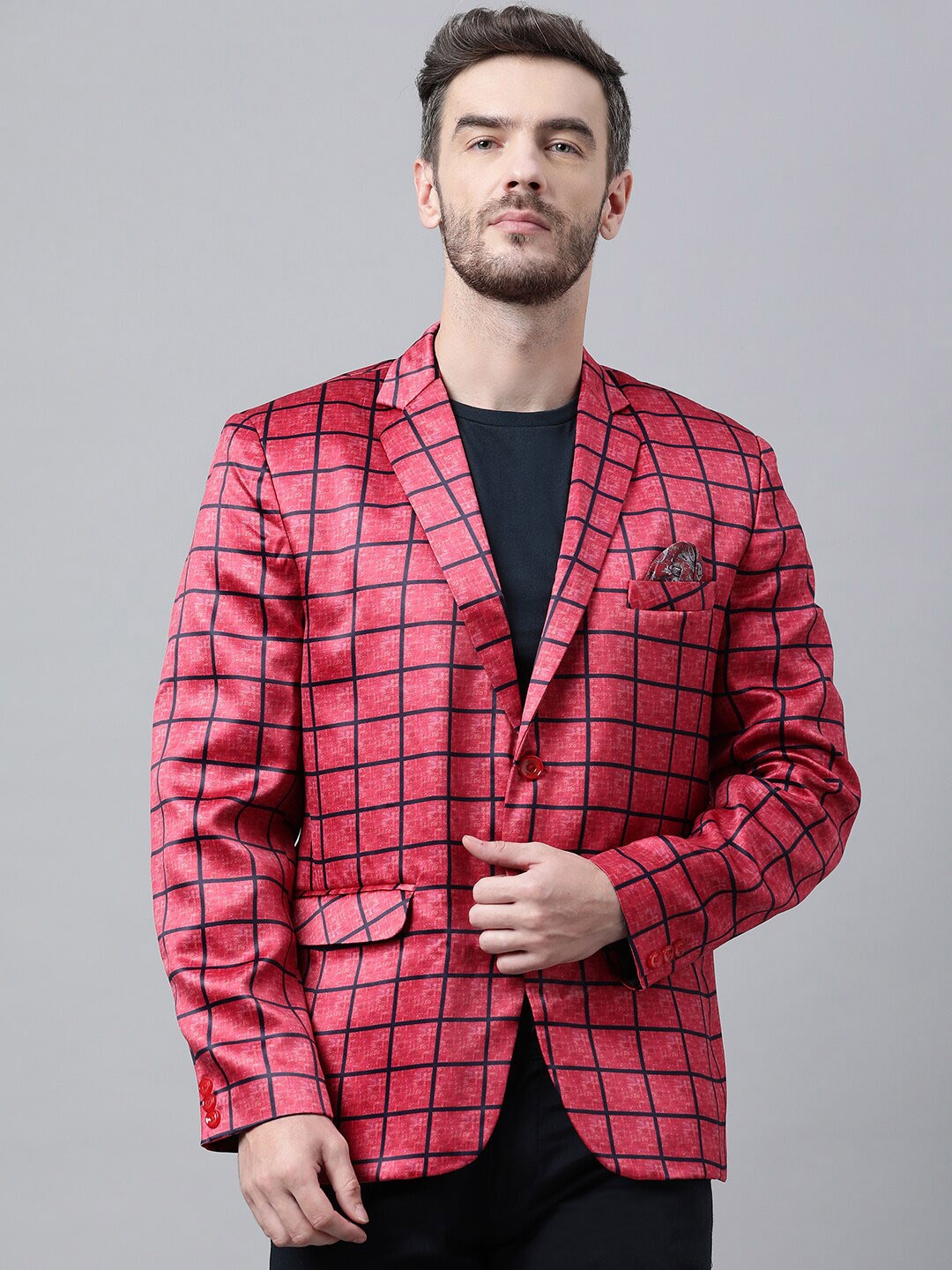 

Hangup Men Red & Black Checked Printed Single-Breasted Blazers