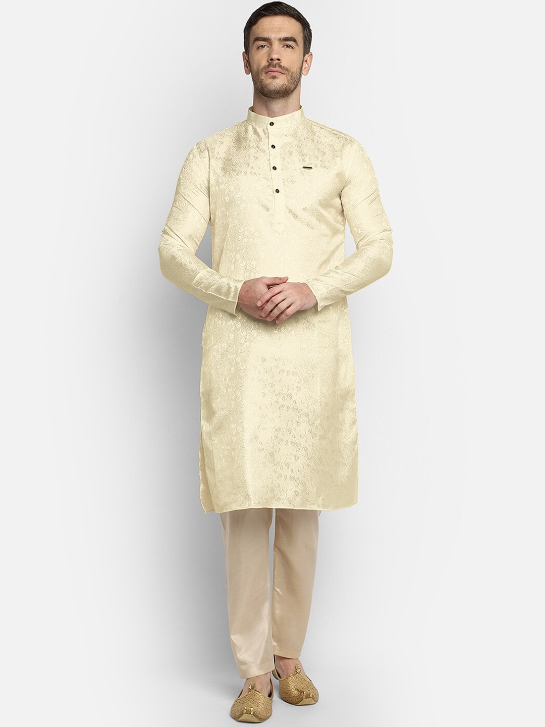 

DEVOILER Mandarin Collar Woven Design Jacquard Kurta, Cream