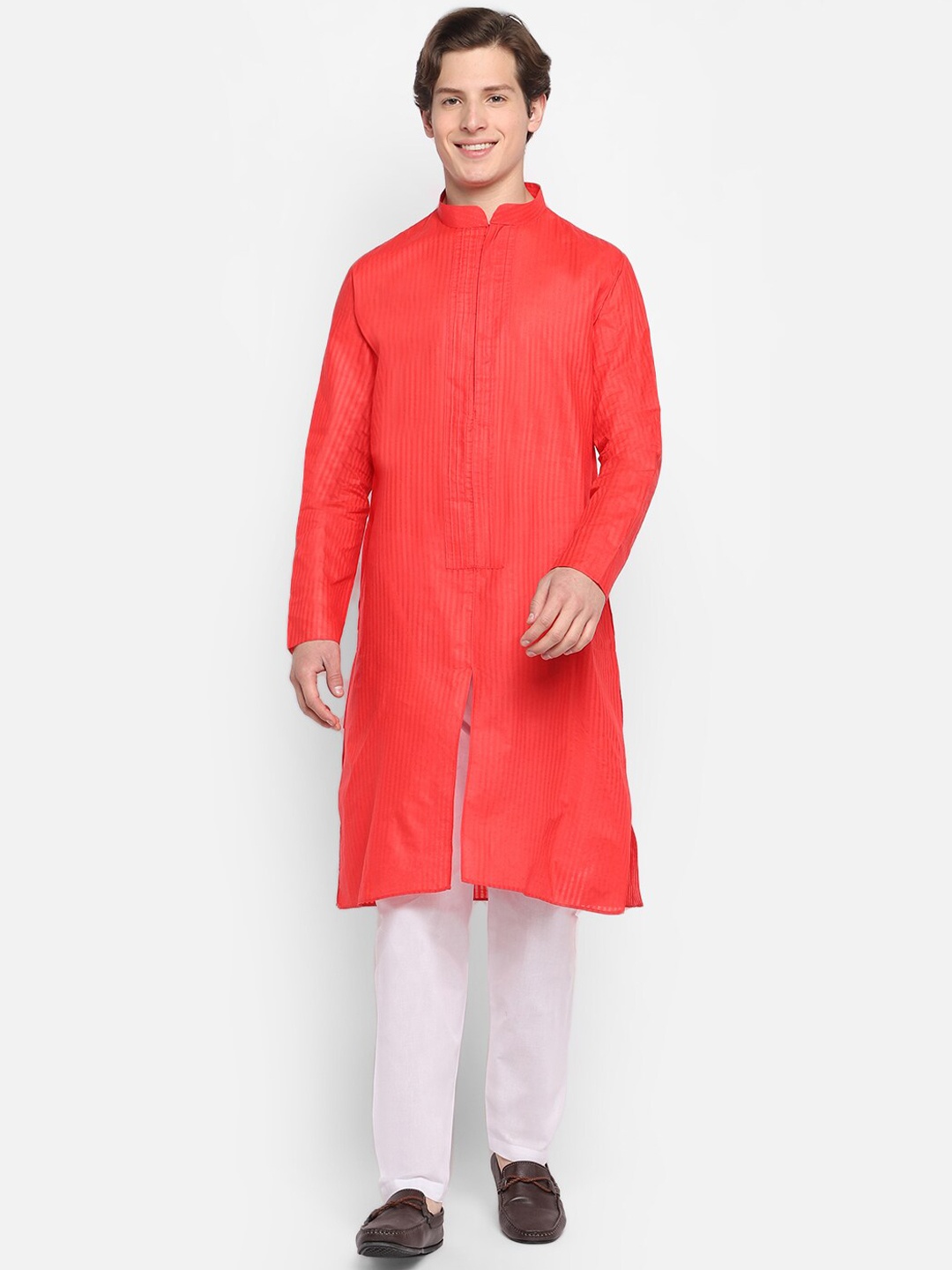 

DEVOILER Mandarin Collar Long Sleeves Cotton Kurta, Red