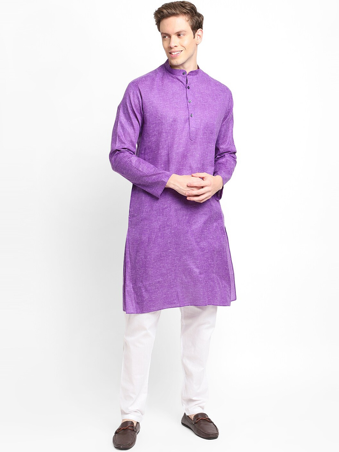 

DEVOILER Mandarin Collar Long Sleeves Straight Cotton Kurta, Purple