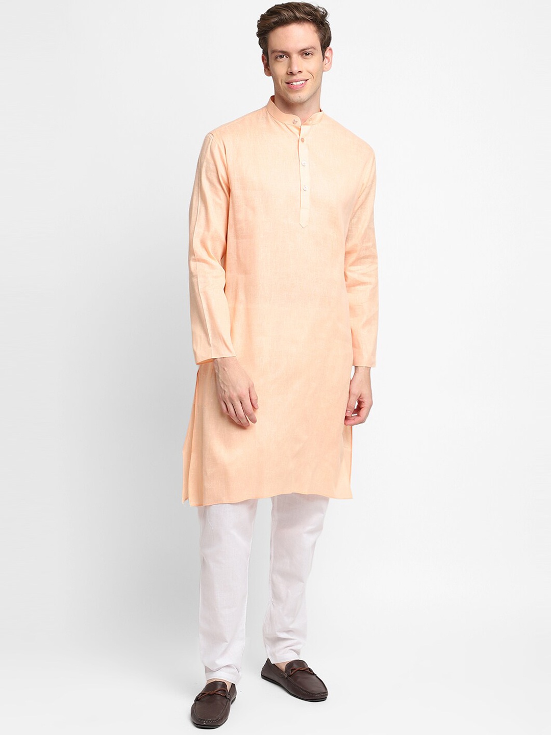 

DEVOILER Mandarin Collar Long Sleeves Straight Cotton Kurta, Peach