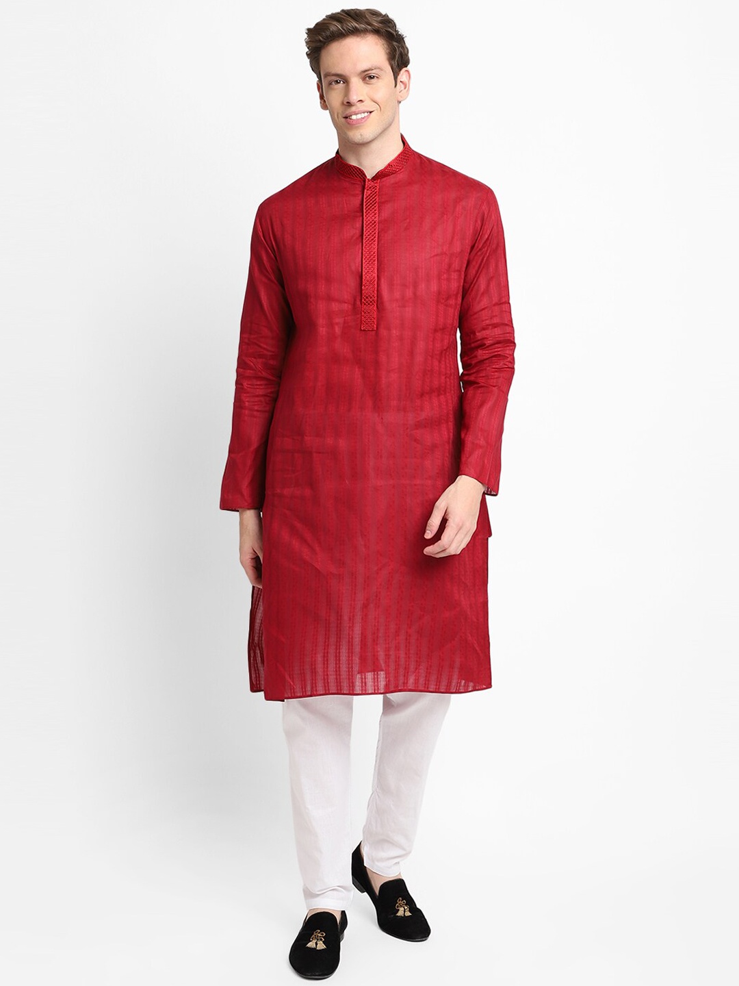 

DEVOILER Striped Mandarin Collar Straight Regular Kurta, Maroon