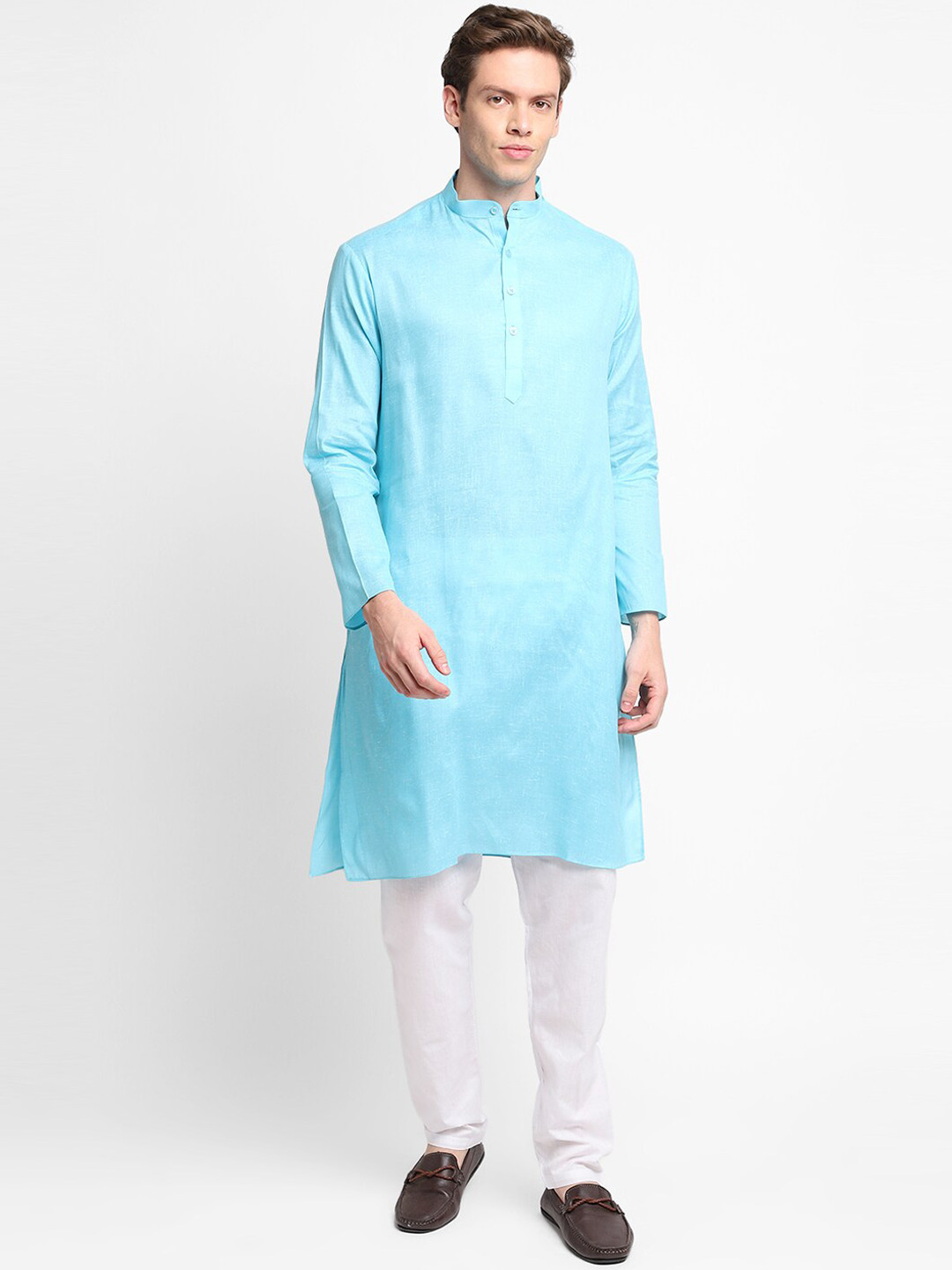 

DEVOILER Mandarin Collar Long Sleeves Cotton Kurta, Blue